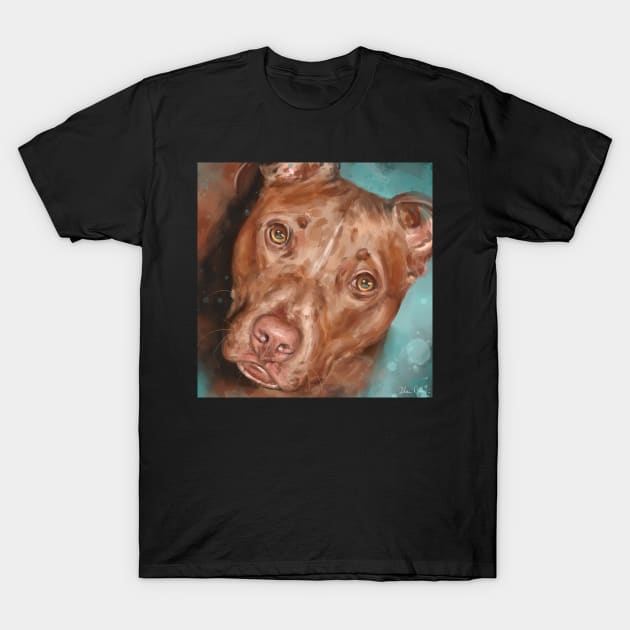 Painting of a Beautiful Red Nose Pit Bull With Soulful Eyes, on Bluish Green Background T-Shirt by ibadishi